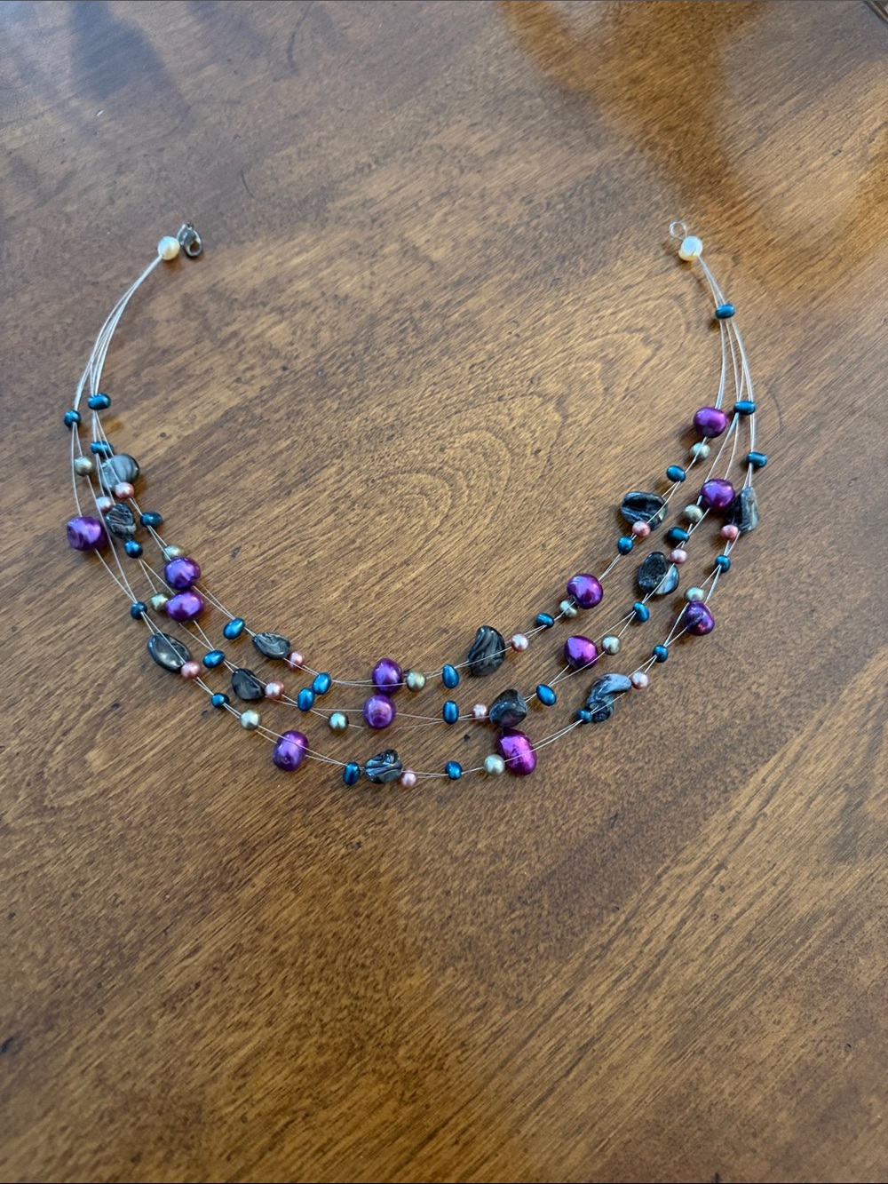 Multistrand pearl Beaded Necklace with Purple and Black Accents
